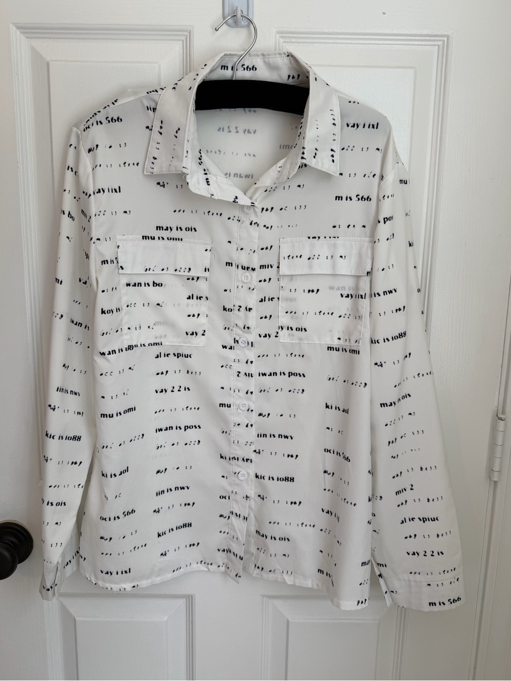 White Button-Up Blouse with Black Script Print, Artistic style